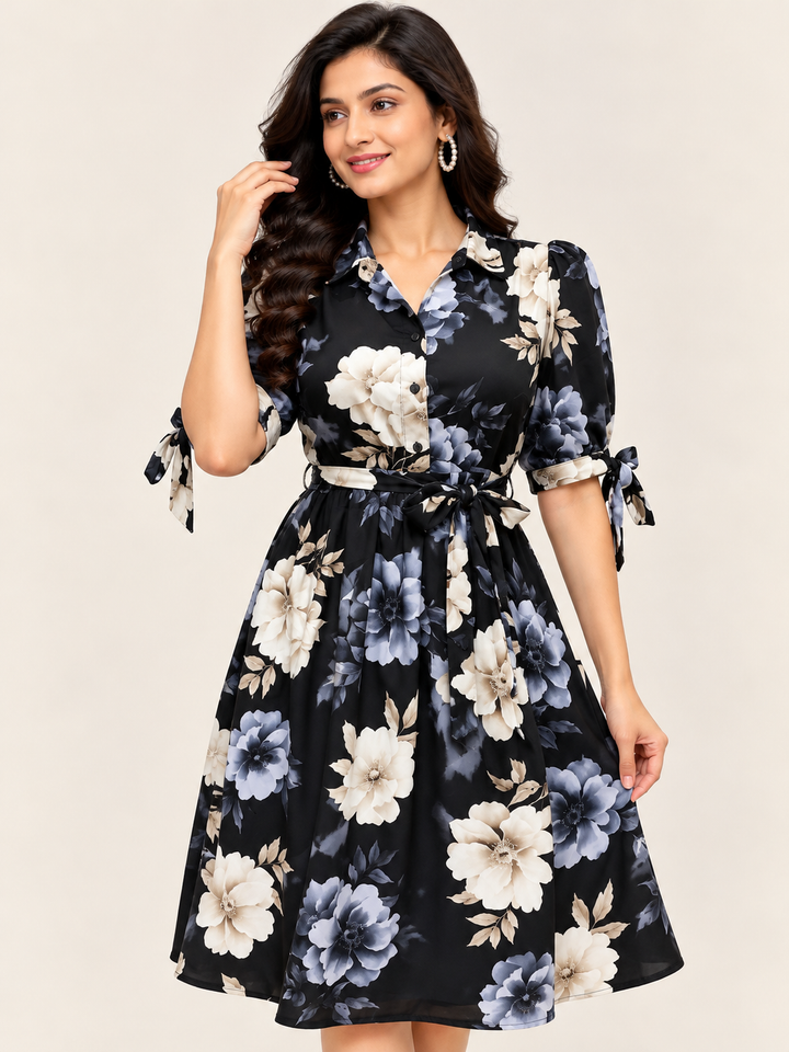 Black Floral Chiffon Dress with Belt & Tie-Up Sleeves
