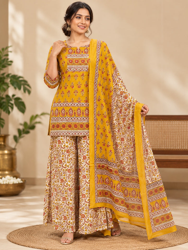Mustard Yellow Floral Printed Kurta Palazzo Dupatta 3 Piece Set