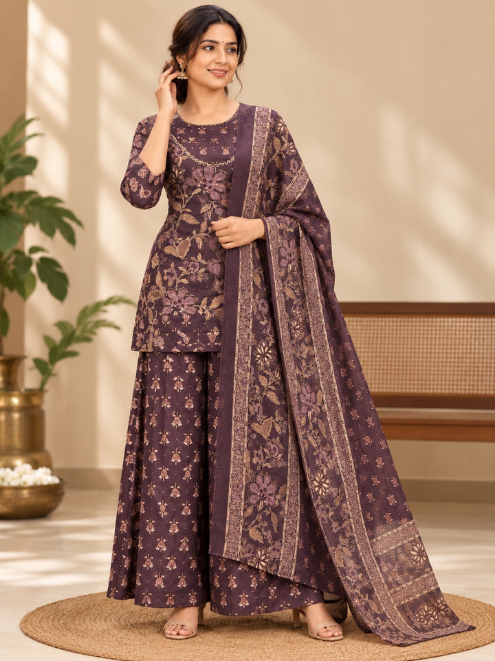 Deep Plum Floral Printed Kurta Palazzo Dupatta 3 Piece Set