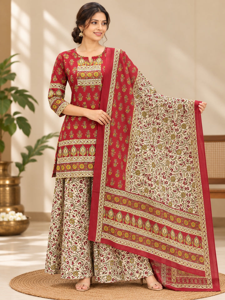 Maroon Printed Kurta Palazzo Dupatta 3 Piece Set
