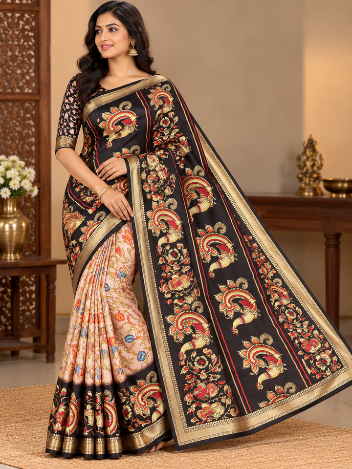 Peach Floral Saree with Black Peacock Motif Pallu