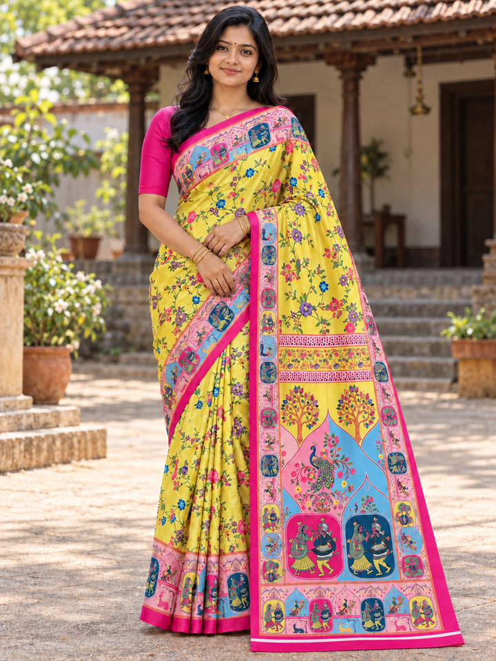 Yellow Floral Saree with Folk Art Pallu