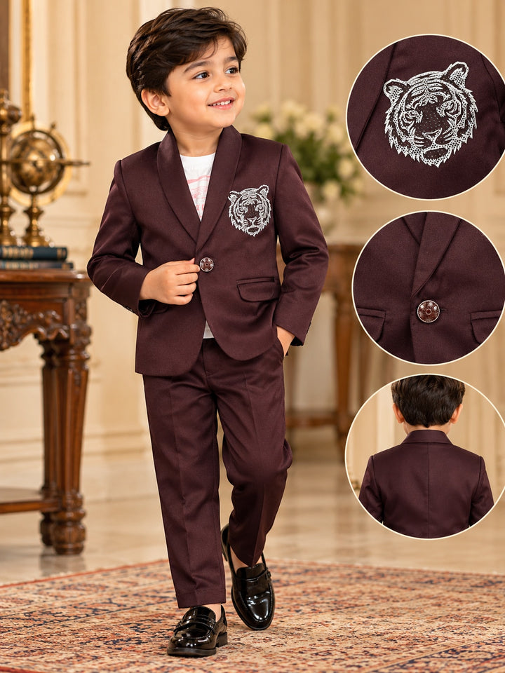 Boys Maroon Blazer Suit 2-Piece Set with Tiger Embroidery