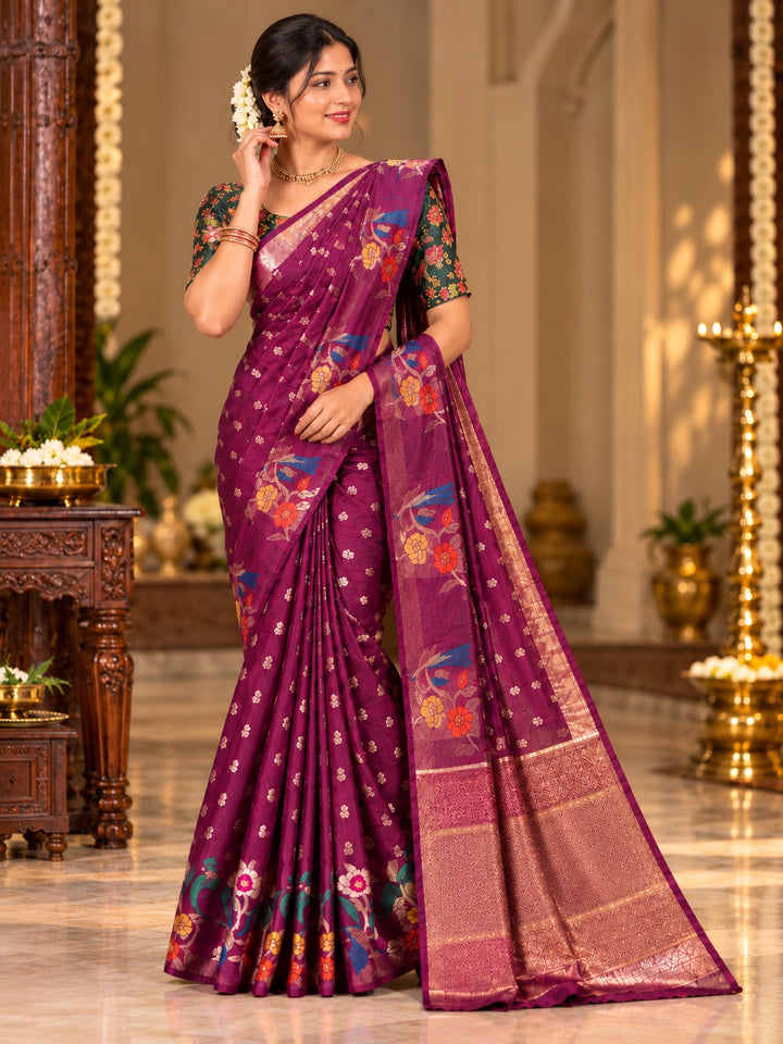 Fancy Banaras Saree with Floral Design & Golden Zari Pallu