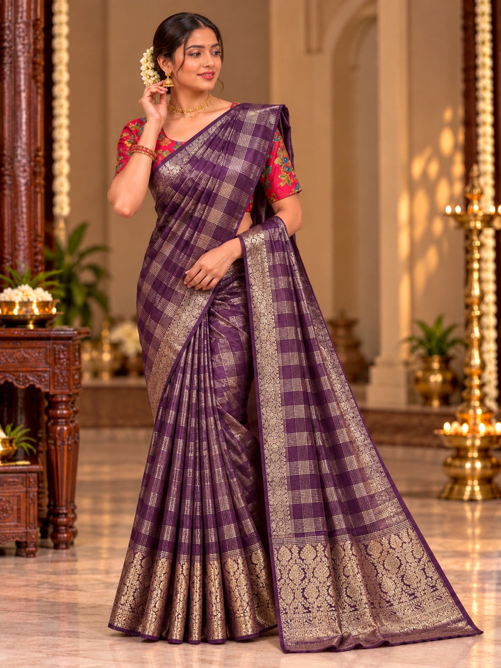 Fancy Kota Banaras Saree with Checks Design & Rich Zari Border