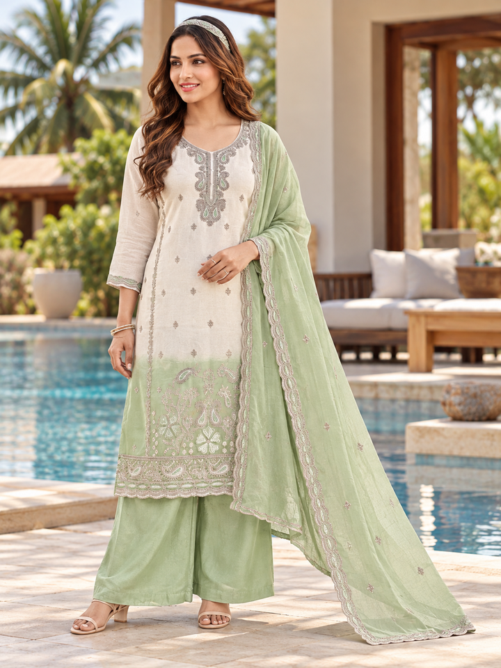 Crunchy Shaded Embroidered 3-Piece Suit Set with Dupatta
