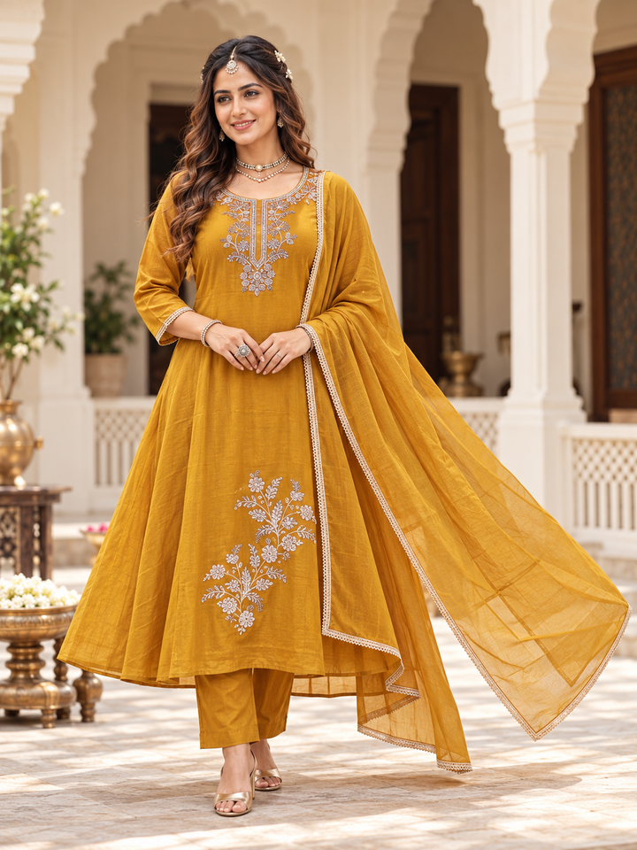 Mull Chenderi Bead Work Anarkali 3-Piece Suit Set with Dupatta