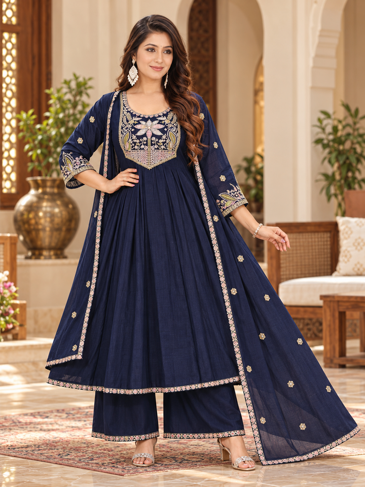 Roman Silk Embroidered Anarkali 3-Piece Suit Set