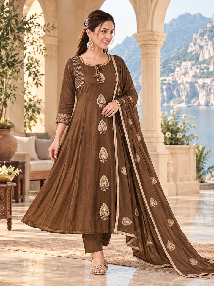 Mull Chenderi Paisley Embroidered Anarkali 3-Piece Suit Set