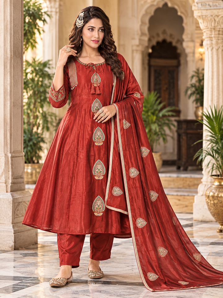 Mull Chenderi Paisley Embroidered Anarkali 3-Piece Suit Set