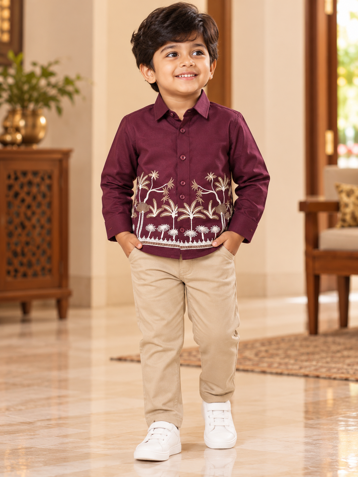 Maroon Palm Embroidered Boys Shirt & Pant Set