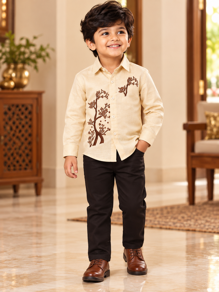 Cream Floral Embroidered Boys Shirt & Pant Set