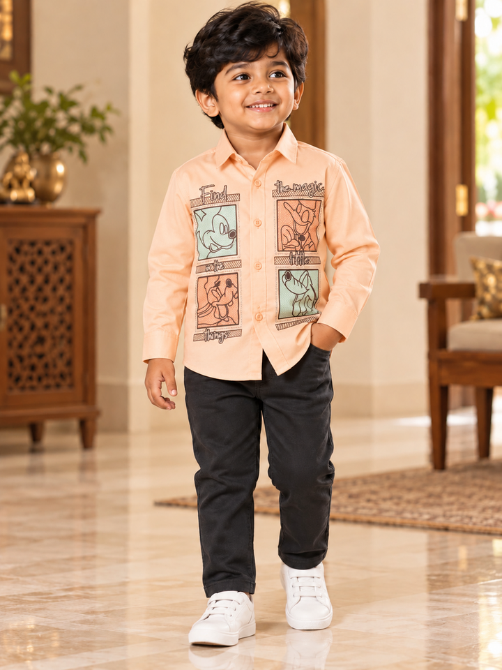 Peach Cartoon Print Boys Shirt & Pant Set