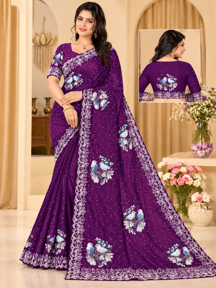 Royal Purple Space Silk Saree with Bird Motifs & Floral Embroidered Border