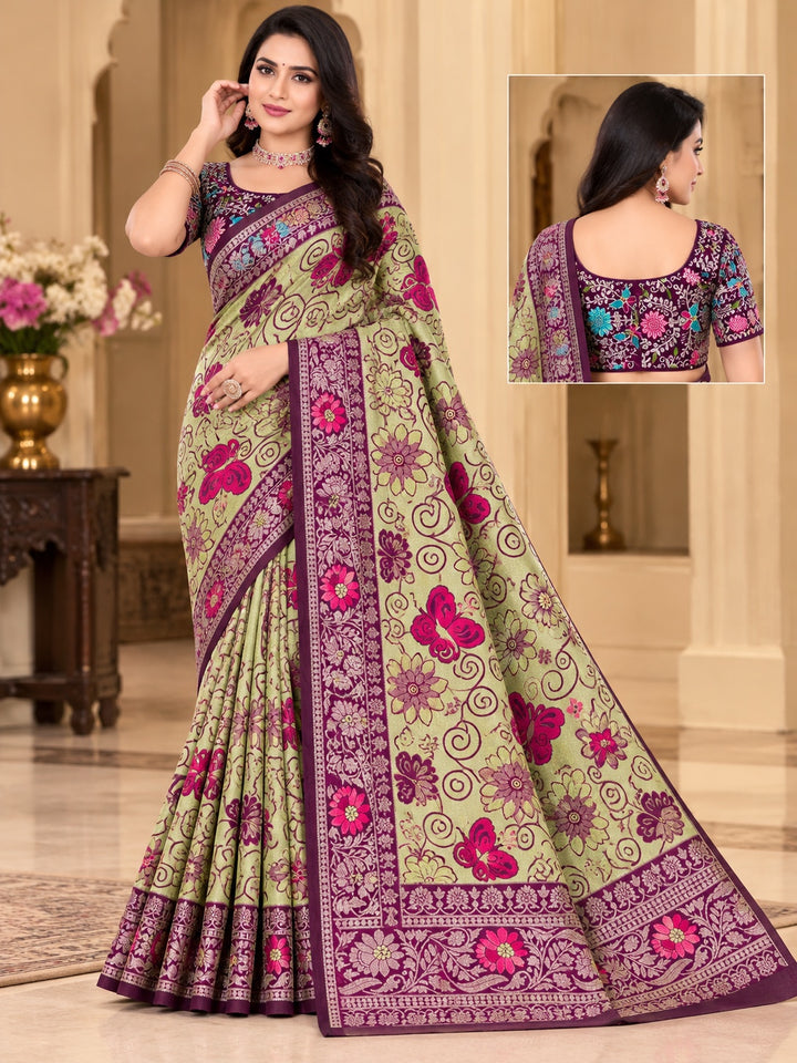 Banaras Pattu Shimmer Saree with Floral & Butterfly Motifs – Light Green & Wine Purple