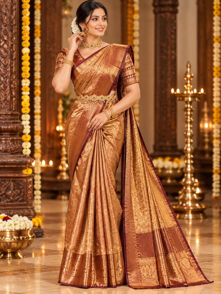 Copper Gold Pattu Saree with Rich Zari Weaving & Maroon Border