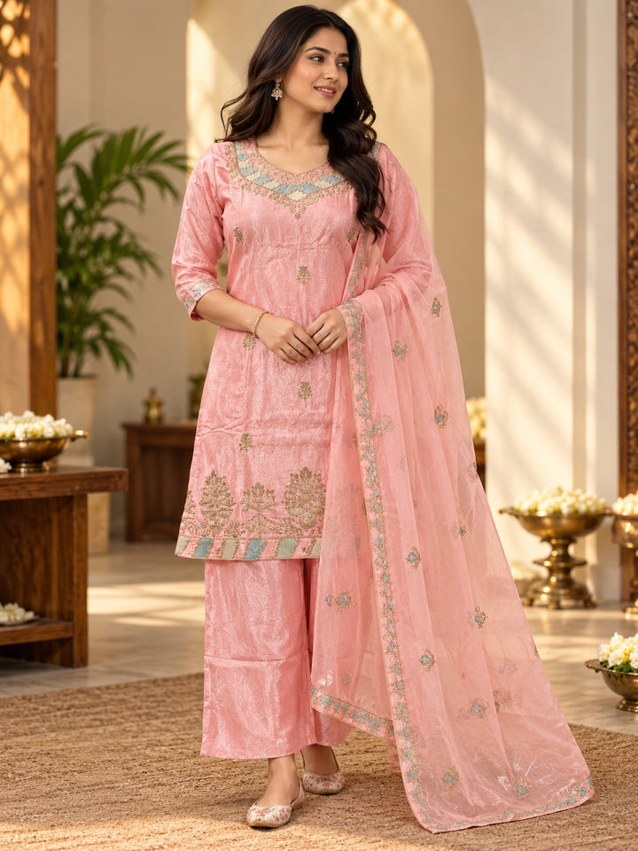 Peach Pink Shimmer Kurta with Decorative Neckline and Motif Border