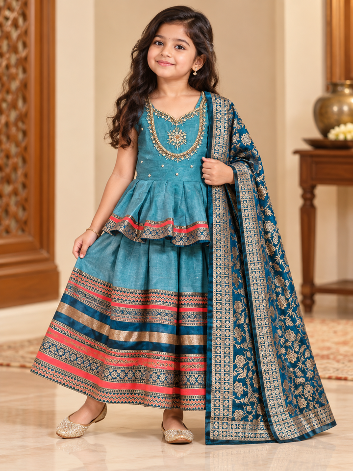 Girls Teal Banaras Pattu Peplum Lehenga Ethnic Outfit
