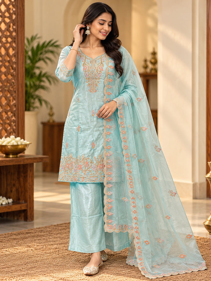 Aqua Blue Fancy Shimmer 3-Piece Kurta Set with Dupatta