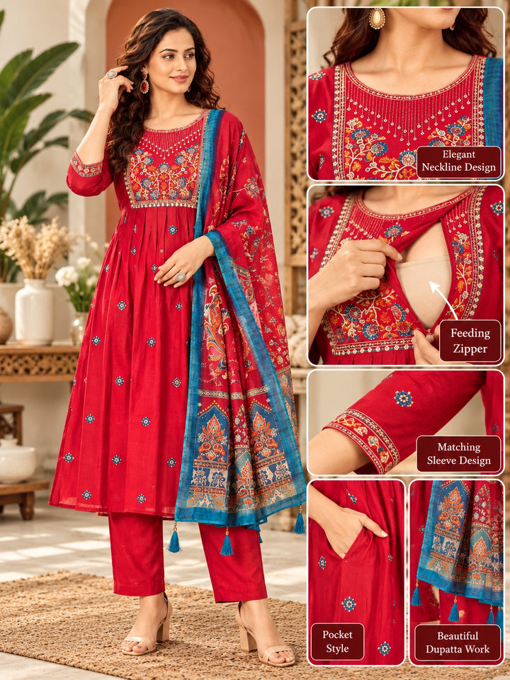 Red Vatican Silk Feeding Kurta with Floral Yoke and Pocket