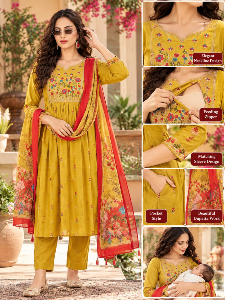 Vatican Silk Feeding Kurta with Floral Yoke and Pocket
