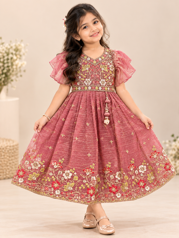 Girls Dusty Rose Floral Embroidered Party Wear Frock