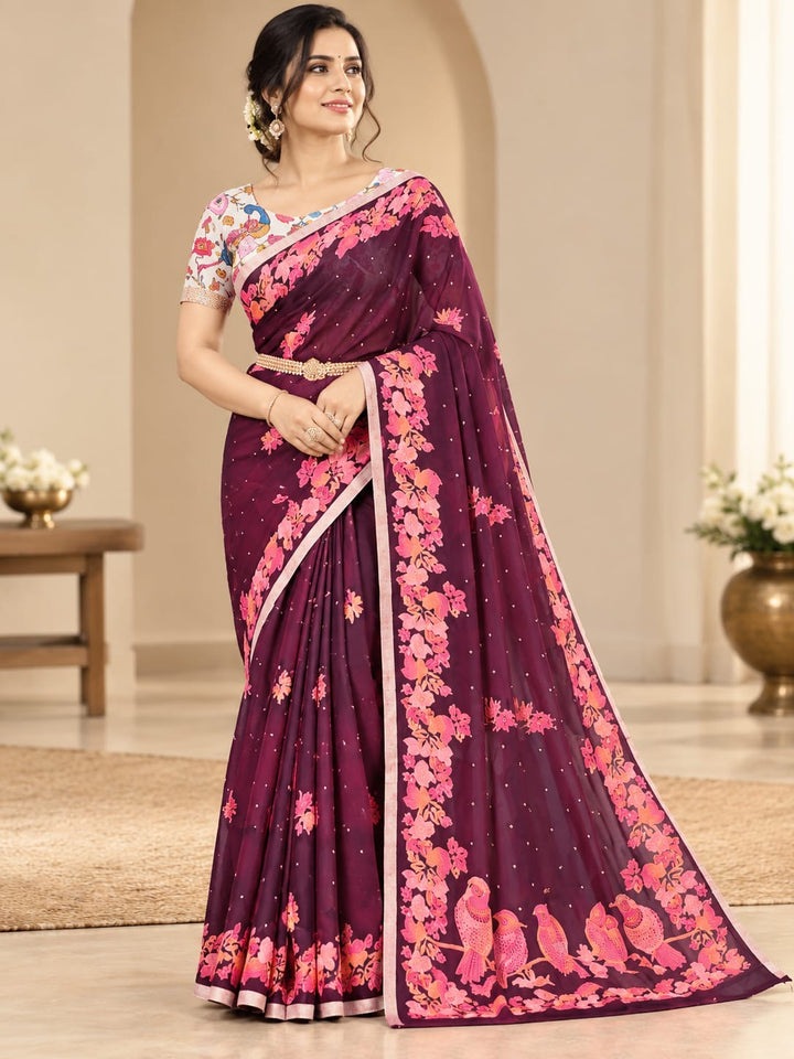 Floral Border Georgette Saree with Bird Motif Pallu