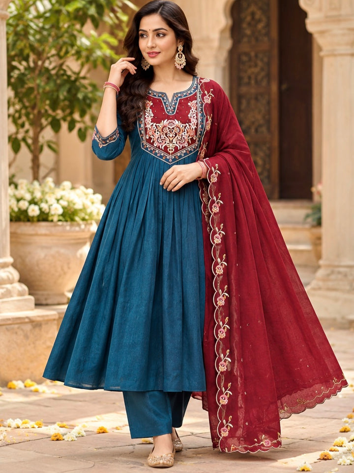 Mal Chenderi Flared Kurta with Floral Embroidered Contrast Yoke