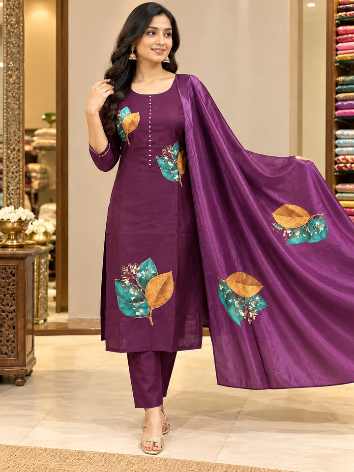 Leaf Motif Straight Kurta 3-Piece Set