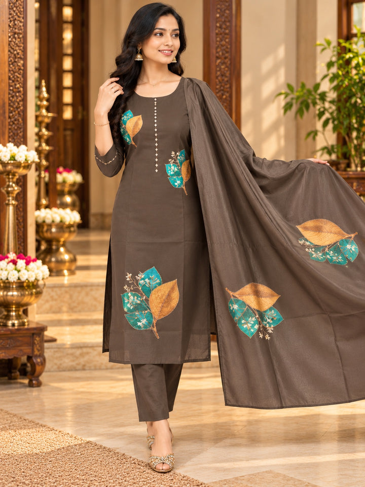 Leaf Motif Straight Kurta 3-Piece Set