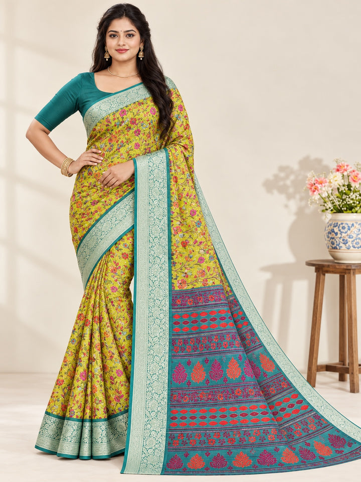 Lime Yellow Floral Saree with Teal Border