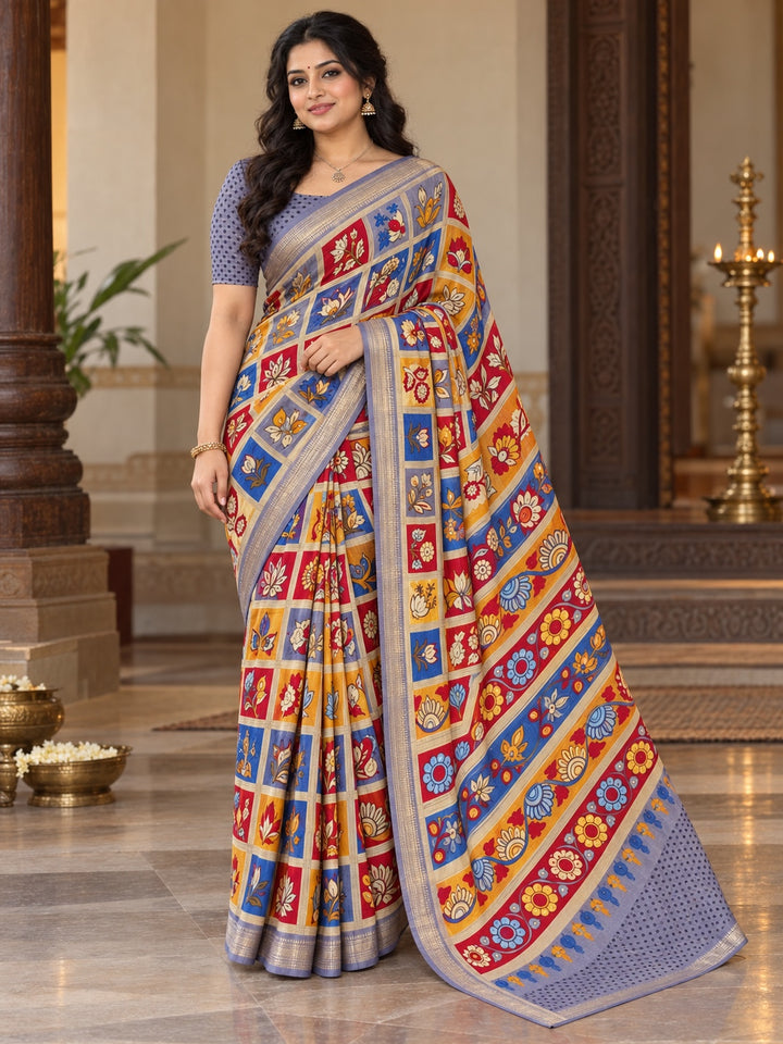 Multicolour Floral Panel Saree with Lavender Border