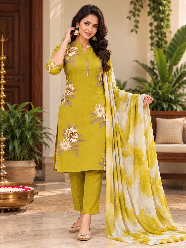Heavy Rayon Floral Printed Straight Kurta Pant with Printed Dupatta Set – Lime Green