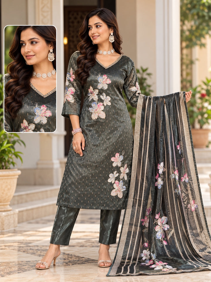 Charcoal Grey Floral Printed 3-Piece Kurta Set with Striped Dupatta