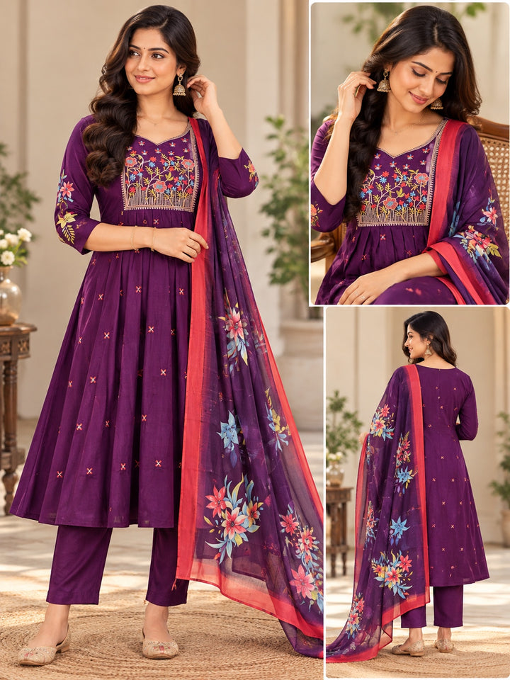 Purple Vatican Fabric Embroidered Feeding 3-Piece Suit Set with Printed Dupatta