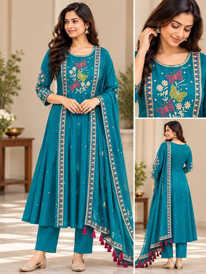 Teal Blue Vatican Fabric Embroidered Feeding 3-Piece Suit Set with Tassel Dupatta