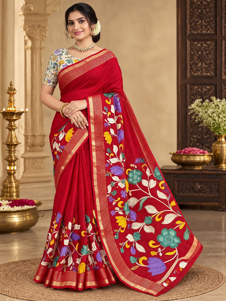 Red Georgette Floral Printed Saree with Golden Striped Border