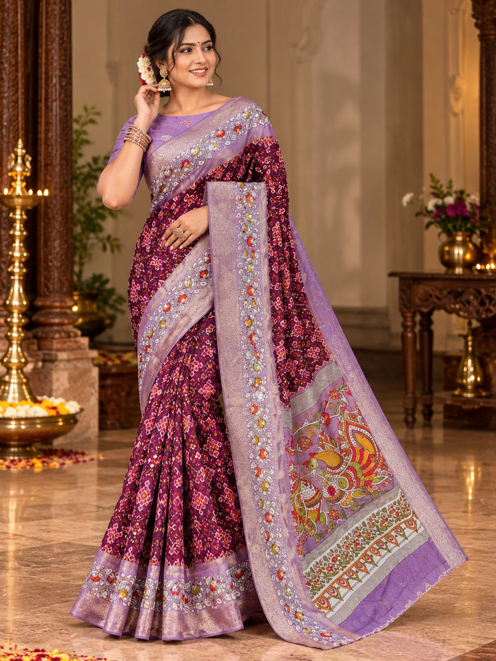 Wine Purple & Lavender Marshmallow Saree with Traditional Printed Pallu and Decorative Border