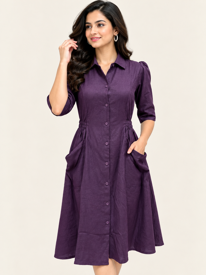 Purple Imported Fabric Shirt-Style A-Line Dress with Pockets