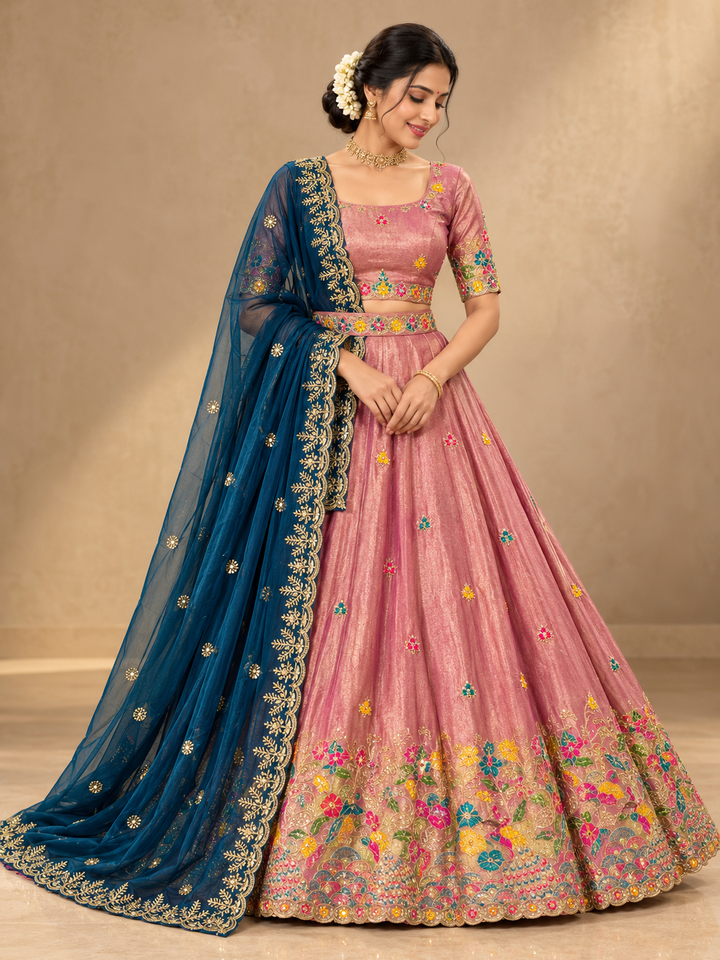 Multicolor Floral Designer Lehenga Choli with Contrast Dupatta