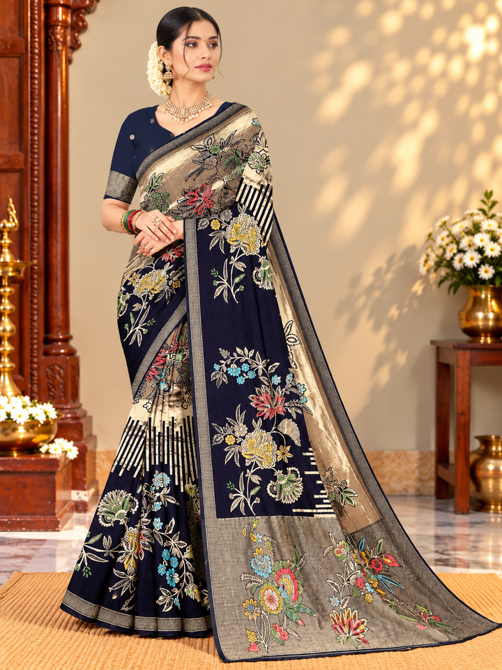 Floral Saree with Contrast Border and Pallu
