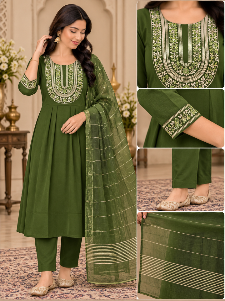 Feeding Flared 3-Piece Suit Set – Purple, Olive Green & Rani Pink