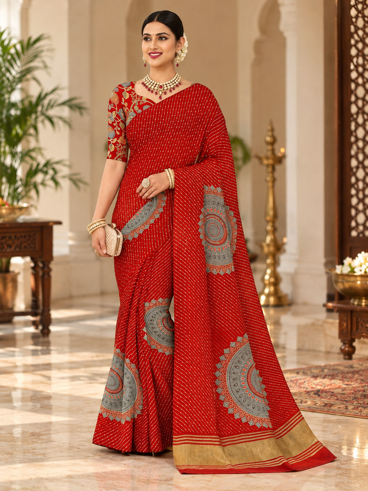 Multicolor Striped Mandala Print Saree with Gold Border