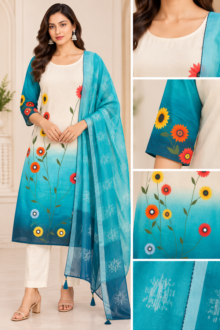 Cream Floral Ombre Printed 3-Piece Kurta Set with Dupatta