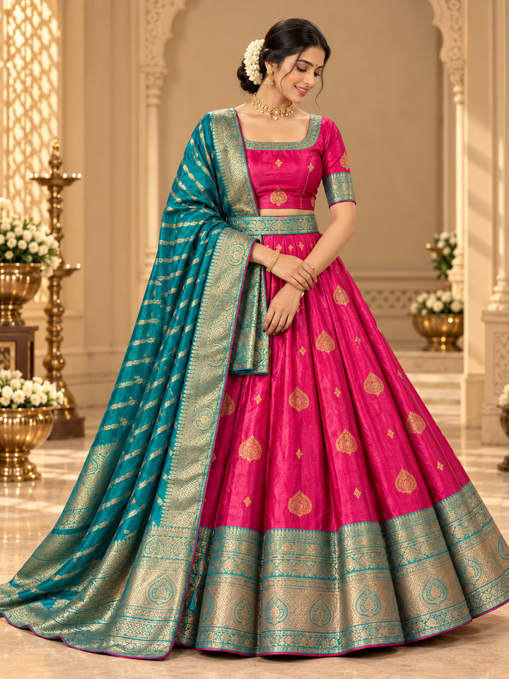 Traditional Zari Work Lehenga Choli with Teal Blue Dupatta