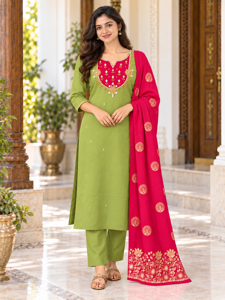 Contrast Yoke Embroidered Kurta 3 Piece Set