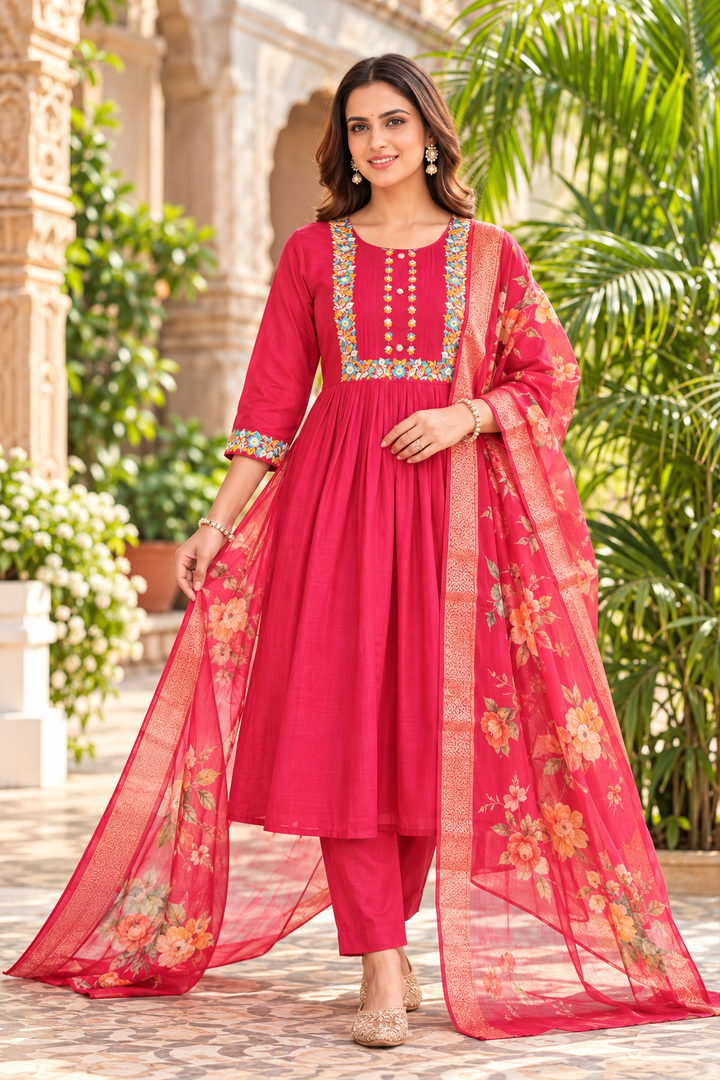 Embroidered Anarkali Dress Material Set with Floral Organza Dupatta – Roman Silk Fabric