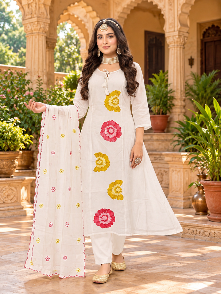 Floral Embroidered Mull Chanderi 3-Piece Anarkali Set – 6 Colors