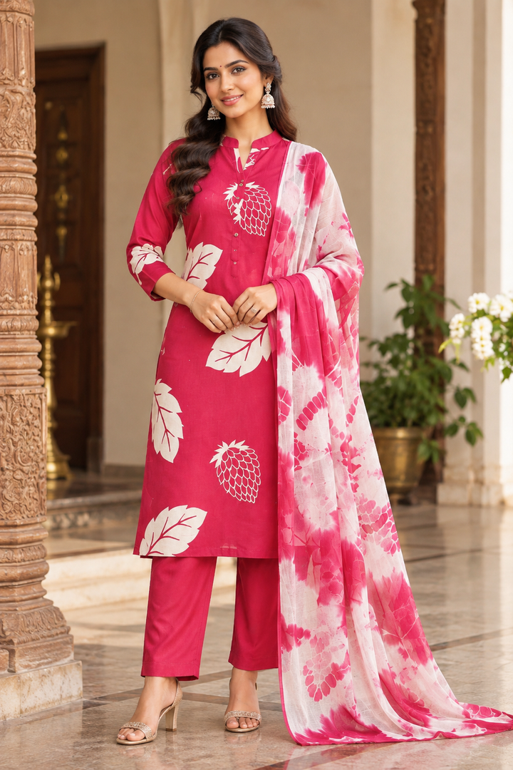 Heavy Rayon Printed Straight Kurta Set with Matching Pants & Designer Dupatta – Magenta Pink