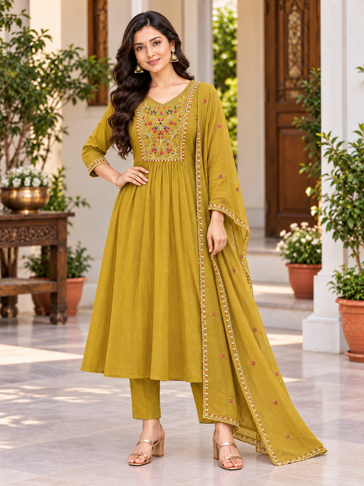Embroidered Muslin Three-Piece Kurta Set with Dupatta
